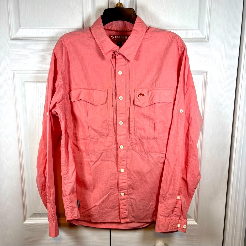 Simms Shirt Mens Medium Pink Cotton Button Down Collar Roll-Up Tab Fishing
